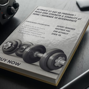 May include: A fitness book titled "ULTIMATE 32-DAY AB PROGRAM" with a dumbbell illustration. The book's cover includes program details and the words "BUY NOW". The image also shows a speaker, earbuds, and a keyboard.