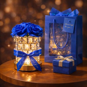 Pode incluir: Arranjo decorativo com rosas azuis em cima de um vaso cristalino, iluminado por dentro. Uma sacola de presente azul e uma pequena caixa azul com uma fita dourada também estão presentes. Uma fita azul ao redor do vaso diz "For you".
