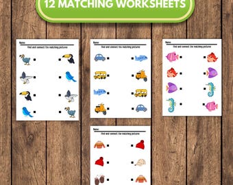 May include: A collection of 12 matching worksheets for children, with colourful illustrations of birds, vehicles, and sea creatures. The worksheets are designed to help kids learn and practice matching skills. The text "12 MATCHING WORKSHEETS" is at the top.