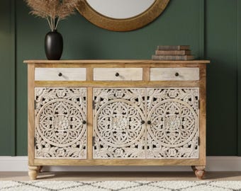 Solid Mango Sideboard  Wood Hand Carved Cabinet