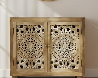 Handmade-carved Cabinet - Solid Wood Cabinet, Intricate Floral Design - furniture, Hand-Carved Wooden Storage buffet