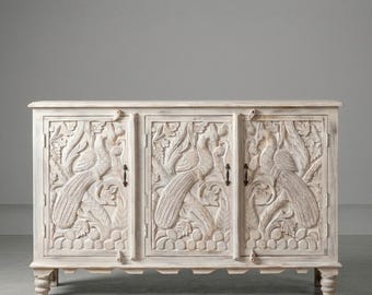 Hand-Carved Mango Wood Sideboard - Natural White Finish, Indian Cabinet