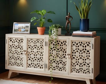 Solid Mango Wood Hand Carved Sideboard & Cabinet