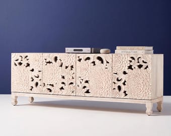 Ręcznie wykonana konsola multimedialna z litego drewna, stojak pod telewizor w stylu Mid-Century Modern