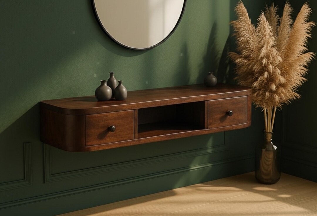 Custom Inbuilt Floating Console Table Floating Wooden Console Table in Chestnut Finish: Minimalist Wall ...