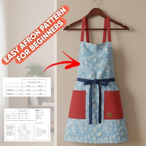 May include: A blue floral apron with red straps and pockets, hanging on a wooden hanger. The apron has a navy blue waist tie and a small wooden button detail. Text on the image reads "EASY AFRON PATTERN FOR BEGINNERS".