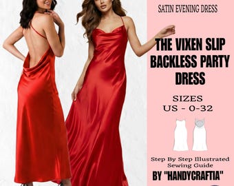 Patrón de costura en PDF para vestido lencero sin espalda The Vixen, vestido de noche de satén con cuello vuelto, vestido largo con tirantes finos, ideal para principiantes, tallas 0-32 de EE. UU.