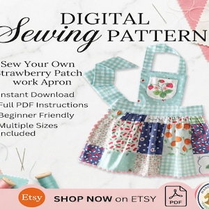 May include: Digital sewing pattern for a Strawberry Patchwork Apron. The apron features a patchwork design with various patterns and colors, including blue gingham, floral, and fruit prints. The apron has a pocket with a strawberry design and is available in multiple sizes.