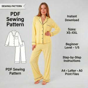 Patrón de costura para pijama de mujer en PDF, ropa de estar por casa DIY (A4, A0, carta)