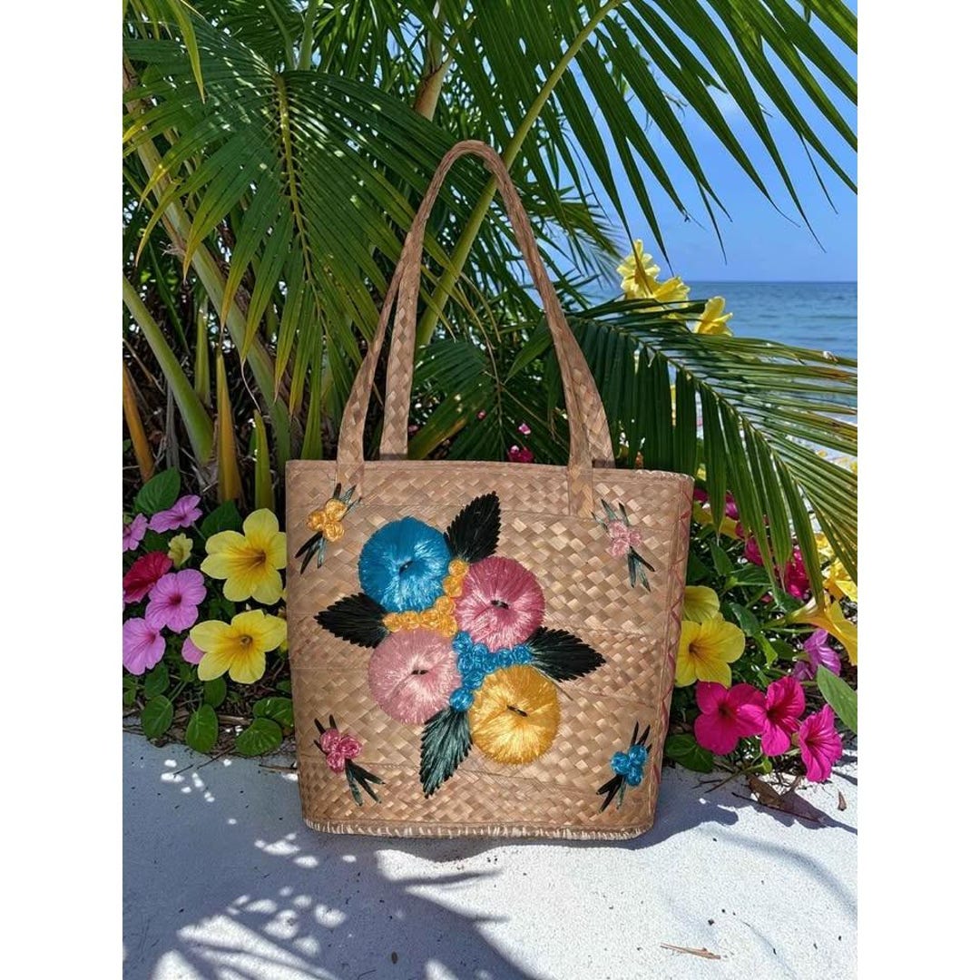 Vintage 1960s Bahamian Straw Tote Woven Beach Bag Floral Embroidered ...