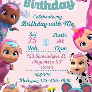 May include: A pink birthday invitation card featuring the text Brooklyn's 5th Birthday, Celebrate my Birthday with Me, Sat 25 Feb, Starts At 12pm, 123 Somewhere St, Anywhere ST 12345, RSVP- Melissa- 123-456-7890, surrounded by various cartoon baby dolls.