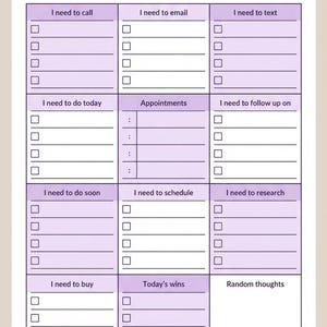 May include: A light purple ADHD Brain Dump planner with sections for tasks like calls, emails, and appointments. Includes checkboxes and space for random thoughts. The title "ADHD Brain Dump" is at the top.