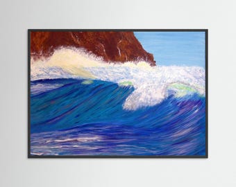 May include: An original painting of a crashing ocean wave. The artwork features a large, deep blue wave with white foam and a brown rock formation in the background. The sky is a light blue color. The painting is framed in a black frame.