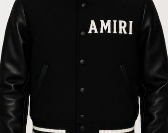 Chaqueta universitaria de lujo para hombre, de lana y cuero negro - Bomber estilo Amiri hecha a mano