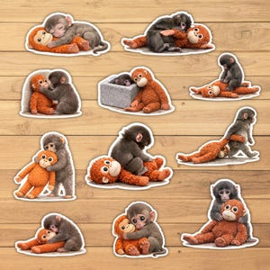 May include: A collection of stickers featuring adorable monkeys. Each sticker showcases a monkey interacting with a plush toy monkey. The monkeys are depicted in various poses, hugging, cuddling, and playing. The stickers have a white border.
