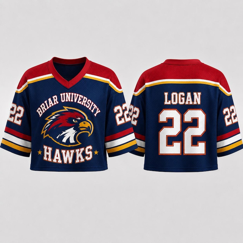 A blue and red hockey jersey with the name "Logan" and the number "22" printed on it. The jersey also features the text "BRIAR UNIVERSITY HAWKS" and an eagle logo.