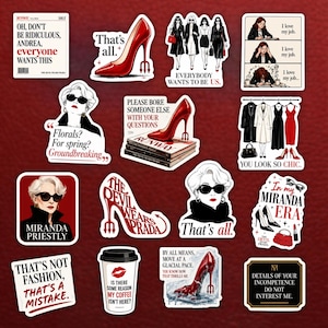 May include: A collection of stickers featuring quotes and imagery from "The Devil Wears Prada." Designs include a red stiletto, Miranda Priestly, and various quotes like "That's all." and "In my Miranda Era."