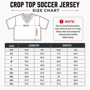 The image is a size chart for a crop top soccer jersey. It provides measurements for different sizes, including XS, S, M, L, XL, and 5XL. The chart includes a note that due to manual measurement, there may be an error of 1-3 cm. The chart also advises to compare the measurements carefully before buying.