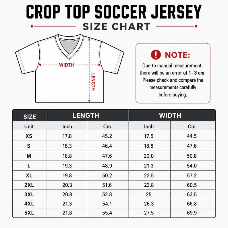 The image is a size chart for a crop top soccer jersey. It provides measurements for different sizes, including XS, S, M, L, XL, and 5XL. The chart includes a note that due to manual measurement, there may be an error of 1-3 cm. The chart also advises to compare the measurements carefully before buying.