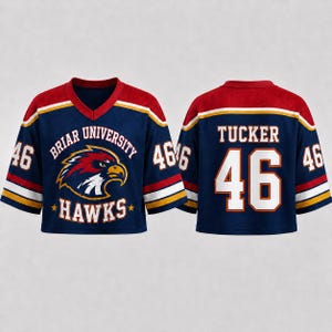 A blue and red hockey jersey with the name "TUCKER" and the number "46" on the back, and the name "BRIER UNIVERSITY" and the number "46" on the front.