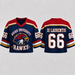 A blue and red hockey jersey with the name 'DI LAURENTIS' and the number '66' on the back, and the name 'BRIER UNIVERSITY HAWKS' on the front.
