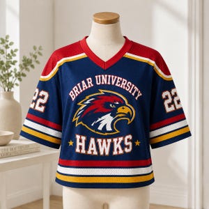 A mannequin wearing a navy blue and red sports jersey with the word "Hawks" printed on it, standing in a room with a plant and a bookshelf in the background.