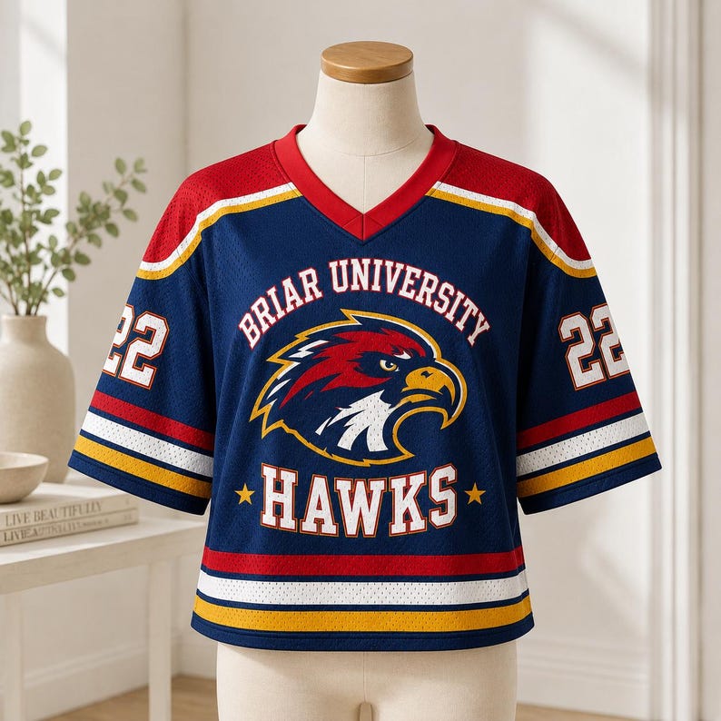 A mannequin wearing a navy blue and red sports jersey with the word "Hawks" printed on it, standing in a room with a plant and a bookshelf in the background.