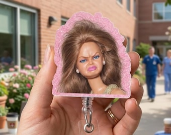Funny Doll Face Meme Badge Reel, Coworker Gift for Her, Work ID Badge Clip
