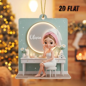 May include: A 2D flat ornament featuring a cartoon woman in a spa setting. The woman is wearing a white dress and a pink headband. The ornament has the text "2D FLAT" and the name "Olivia". The background is a light blue color.