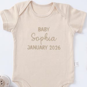 Personalized Embroidered Baby Onesie, Custom Baby Announcement Outfit with Name and Expecting Due Date, Baby Shower Gift