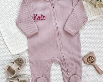Vintage newborn girl coming home outfit, embroidered custom name zip romper, baby overalls