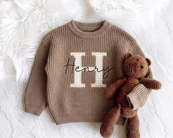 Monogrammed Baby Sweater With Name, Neutral Knit Material, Winter Nursery Gift, Custom Applique Toddler Keepsake