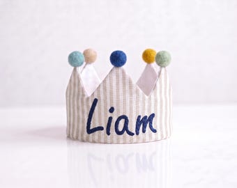 Baby Boy Embroidered Linen Crown for Kids and Children's Birthdays, Personalized Gifts | Baby First Birthday Gift