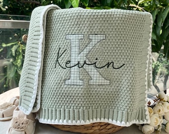 Custom embroidered baby blanket with name, applique gingham monogrammed gifts
