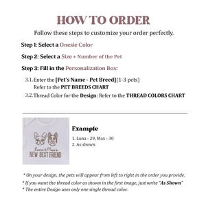 May include: An instructional graphic titled HOW TO ORDER with steps for customizing a onesie. It includes text prompts for selecting color, size, pet names, and thread colors, plus an example image of a white onesie with embroidered dog faces.