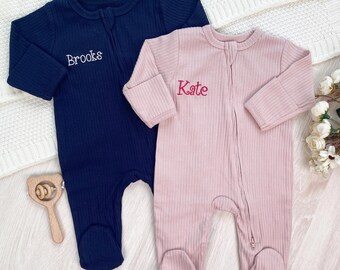 Vintage baby girl and boy home coming bodysuit, custom name embroidered zip romper, baptism gifts