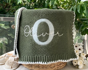 Newborn baby custom blanket, applique embroidered green gingham fabric monogrammed letter, baby baptism gifts