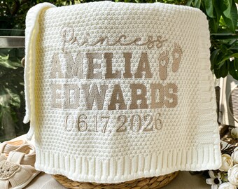 Baby girl baptism embroidered blanket, newborn gift with name and stats