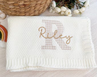 Custom baby girl gift, knit baby blanket with name, vintage gingham applique embroidered blanket, custom baby shower gifts