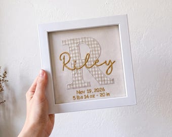 Square Newborn Announcement, Warm Beige Gingham Applique, Gender Neutral Baby Gift, Personalized Birth Stat Sign