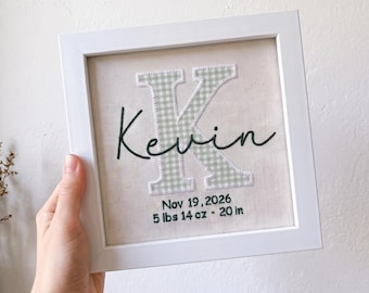 Square Baby Announcement Sign, Sage Green Gingham Applique, Gender Neutral Nursery Decor, Custom Birth Stats Keepsake
