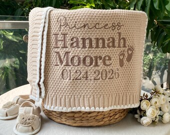 Personalized newborn knit blanket with name, beige embroidered baptism or born baby gifts