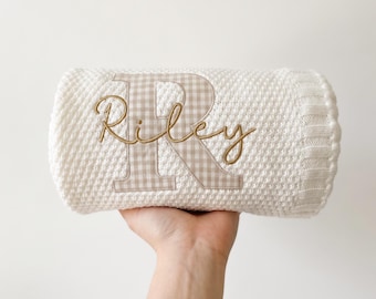 Personalized neutral baby blanket with name, vintage applique embroidered monogrammed gifts