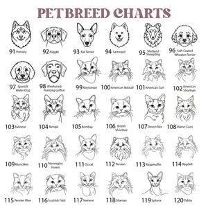 May include: A black and white pet breed chart featuring line art illustrations of various dog and cat faces. Each animal is numbered from 91 to 120 with its corresponding breed name printed below, including Pomsky, Puggle, and Maine Coon.