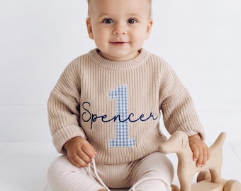 Custom 1st Birthday Jumper with Name, Neutral Knit First Birthday Outfit For Baby Boy Sweater, Embroidered Gingham Number Pullover Gift
