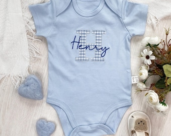 Baby boy blue custom name baby onesie, gingham applique monogrammed outfit, newborn clothes