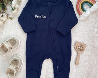 Navy newborn boy coming home outfit, embroidered baby name zip romper, custom baby gifts, personalzied baby overalls