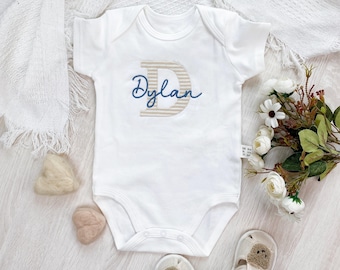 Embroidered custom name baby onesie, applique new baby clothes, unique baptism gifts