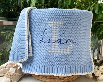 Baby boy knit blanket with name, vintage blue gingham applique blanket, newborn embroidered gifts