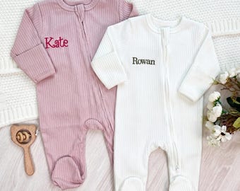 Baby girl home coming outfit, custom name embroidered zip romper, personalized keepsakes